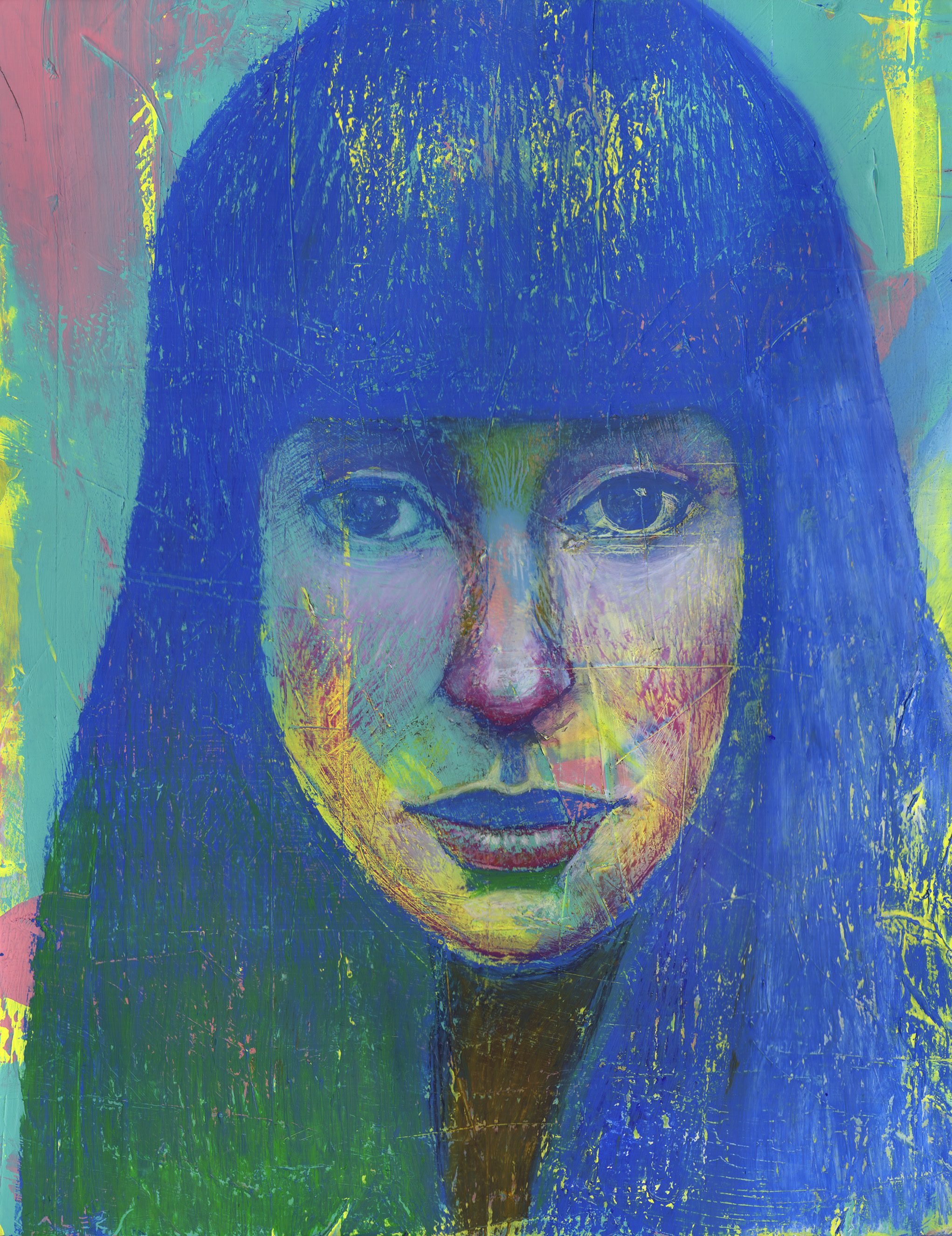 Woman in blue · acrylics & oil pastels on paper · painting by Alex Céspedes Cívico